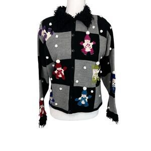 Vintage Karen Scott Snowman Skater‎ Sweater Cardigan Petite Large Christmas